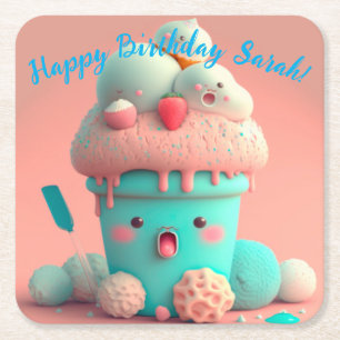 Kawaii ice cream square paper coaster