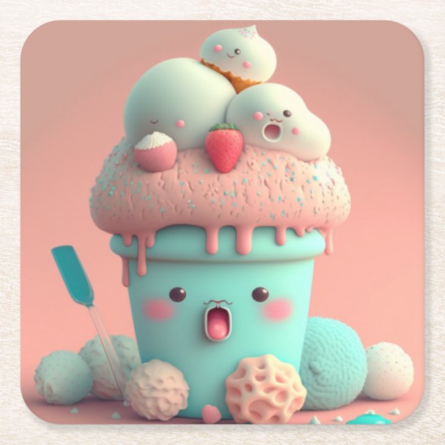 Kawaii  ice cream              square paper coaster (Front)