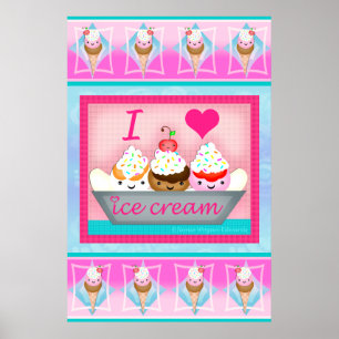 Kawaii Ice Cream Sundae Love Art Poster / Print