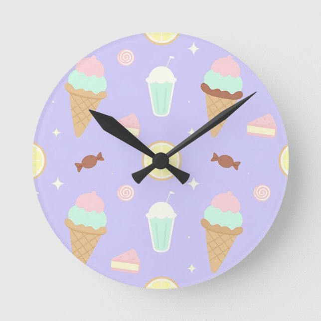 Kawaii Ice Cream Sweets Pattern Round Clock (Front)