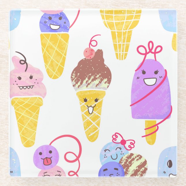 Kawaii ice creams, cute, seamless pattern. glass coaster (Front)