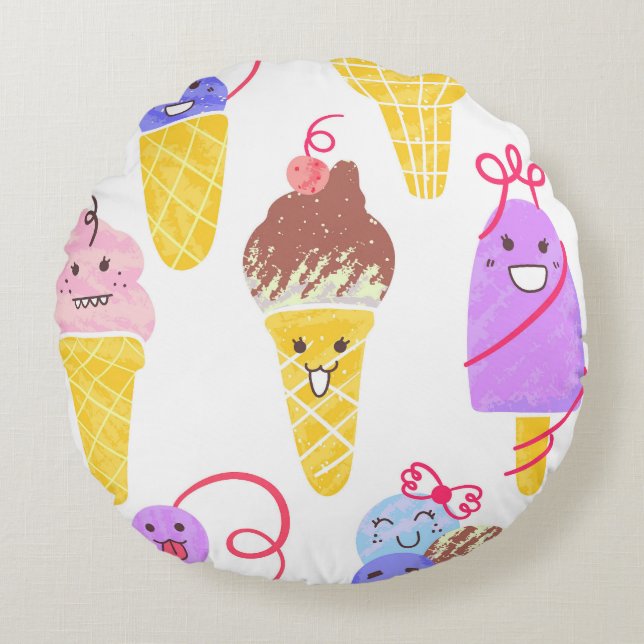 Kawaii ice creams, cute, seamless pattern. round cushion (Front)