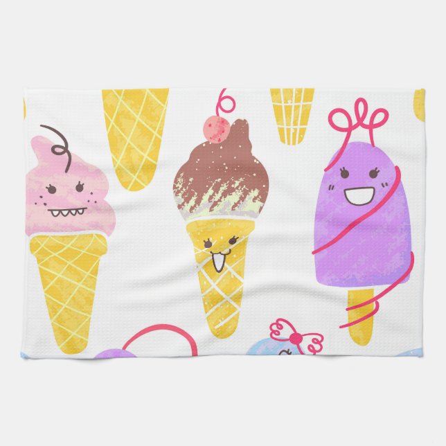Kawaii ice creams, cute, seamless pattern. tea towel (Horizontal)