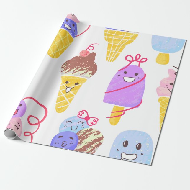 Kawaii Ice Creams Pattern, Kawaii Character Ice Cr Wrapping Paper (Unrolled)