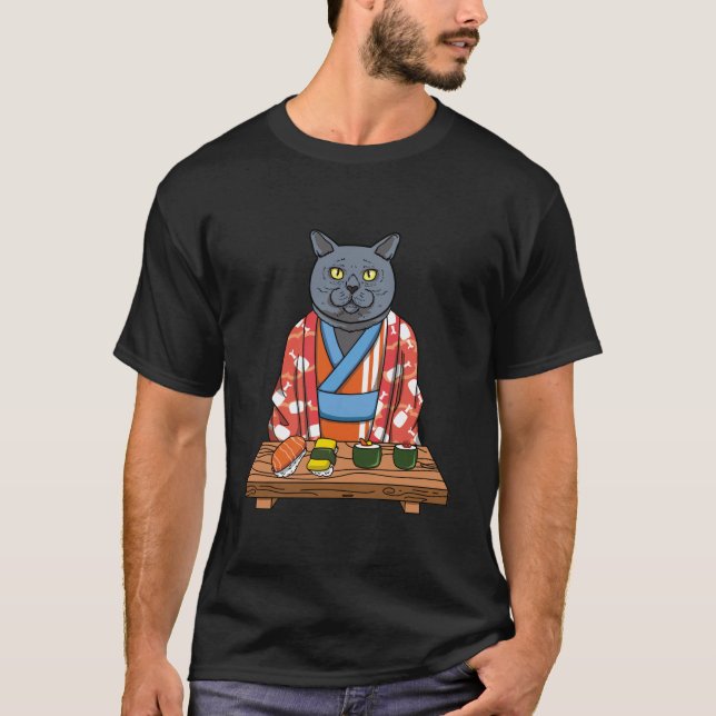 Kawaii Japanese British Shorthair Cat Kimono Sushi T-Shirt (Front)