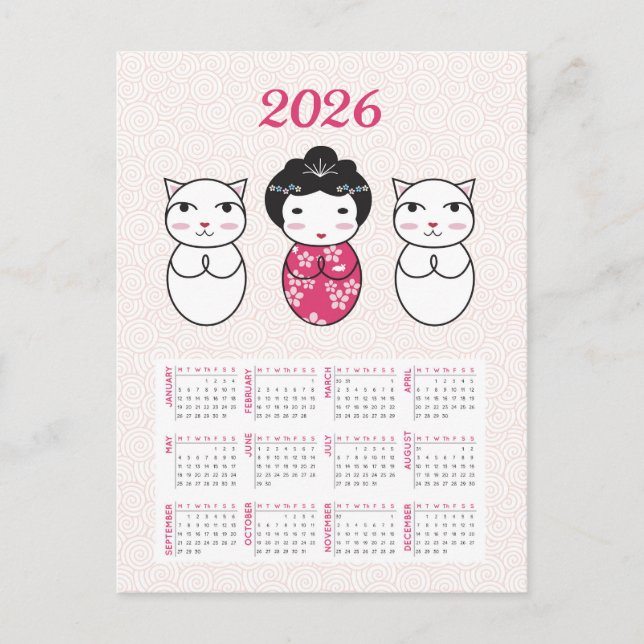 Kawaii Japanese Kokeshi Doll 2026 Calendar Postcard (Front)