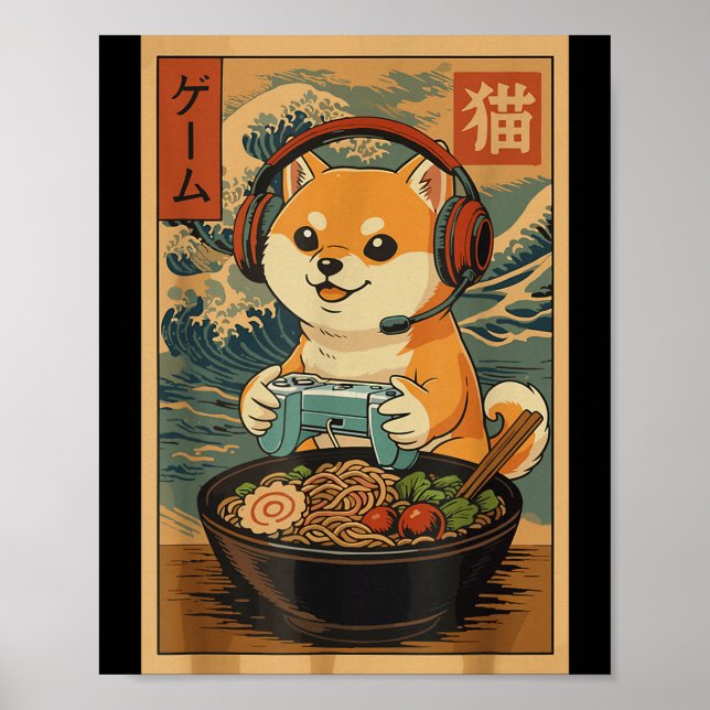 Kawaii Japanese Ramen Dog Retro Gaming Shirts For  Poster (Front)