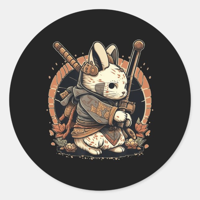 Kawaii Japanese Style Samurai Bunny Anime  Classic Round Sticker (Front)