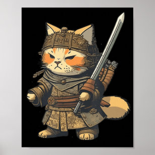 Kawaii Japanese Style Samurai Cat Anime  Poster