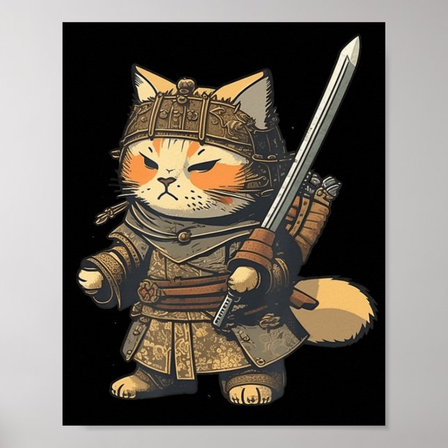 Kawaii Japanese Style Samurai Cat Anime  Poster (Front)