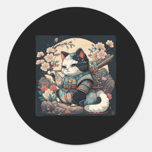 Kawaii Japanese Style Samurai Cat Kitten Anime Classic Round Sticker