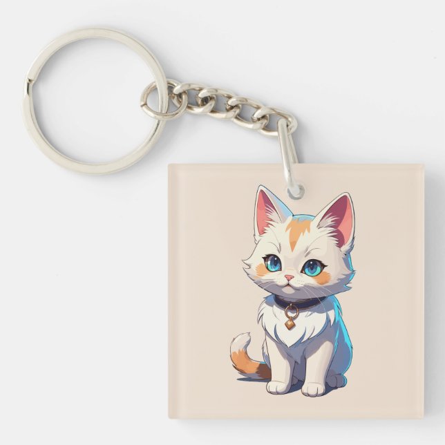 Kawaii Kitten with Feline Charm Key Ring (Front)