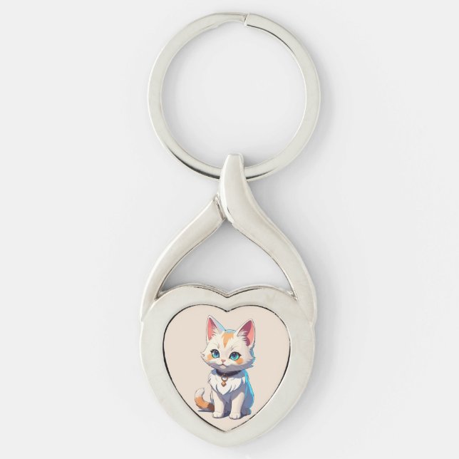 Kawaii Kitten with Feline Charm Key Ring (Front)