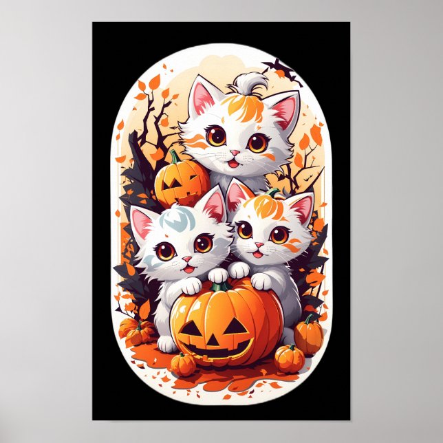 Kawaii Kittens playing with a small pumpkin Poster (Front)
