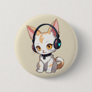 Kawaii Kitty in Rocking Headphones 6 Cm Round Badge