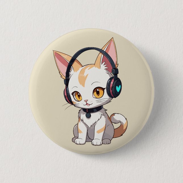 Kawaii Kitty in Rocking Headphones 6 Cm Round Badge (Front)