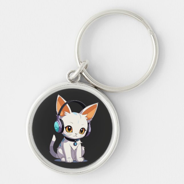 Kawaii Kitty in Stylish Headphones Key Ring (Front)