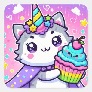 Kawaii Kitty With cupcake Birthday  Square Sticker