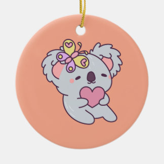 Kawaii Koala with Heart and Butterfly Ceramic Ornament