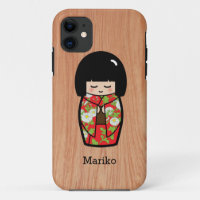 Kawaii Kokeshi Japanese Doll in Red Kimono on Wood