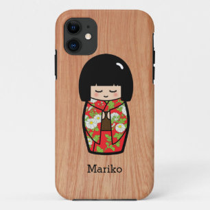 Kawaii Kokeshi Japanese Doll in Red Kimono on Wood iPhone 11 Case