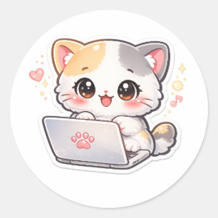 Kawaii Laptop Cat Sticker   Cute Chibi Kitty Worki