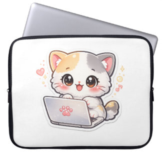 Kawaii Laptop Cat Sticker | Cute Chibi Kitty Worki Sleeve