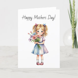 Kawaii Little Girl with Bouquet Watercolor Thank You Card