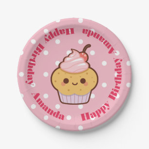 Kawaii Lovely Cupcake Birthday CUSTOM NAME Paper Plate