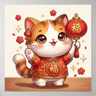 Kawaii Lucky Cat Chinese New Year Lantern Festive Poster