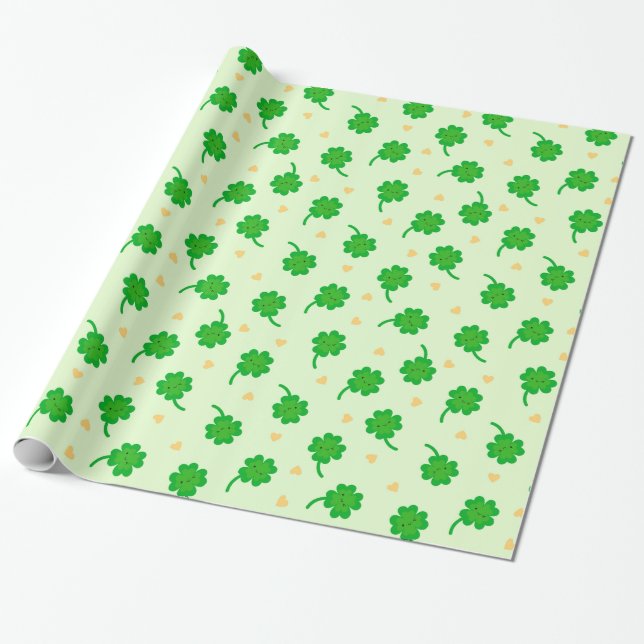 Kawaii Lucky Clover Wrapping Paper (Unrolled)