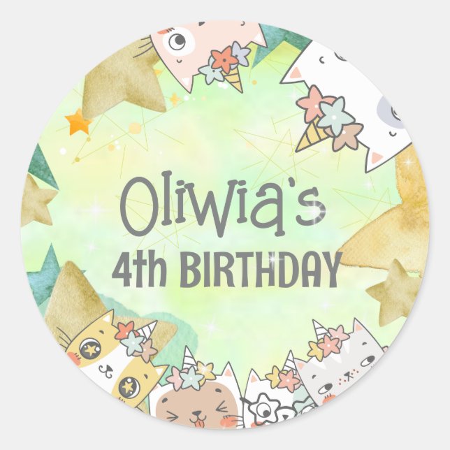 Kawaii Magic caticorn birthday  Classic Round Sticker (Front)