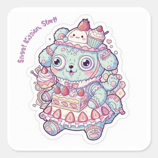 Kawaii Maid Bear & Cake 🎂 Personalized Bear Square Sticker (Front)