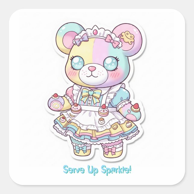 Kawaii Maid Bear & Cake 🎂 Personalized Bear Square Sticker (Front)