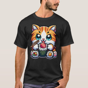 Kawaii Mainecoon Cat Eating Sushi Japanese Food Ki T-Shirt