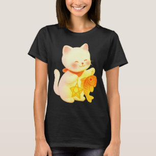 Kawaii Maneki Neko Cat with Fish and Star Decorati T-Shirt