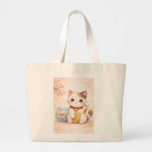Kawaii Maneki Neko & Goldfish – Japanese Gift Art Large Tote Bag