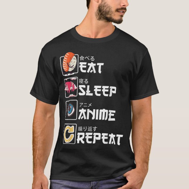 Kawaii Manga Sushi - Eat Sleep Anime Repeat - Cute T-Shirt (Front)