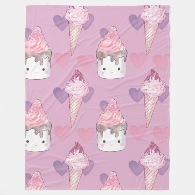 Kawaii Marshmallow & Ice Cream Pattern  Fleece Blanket (Front)