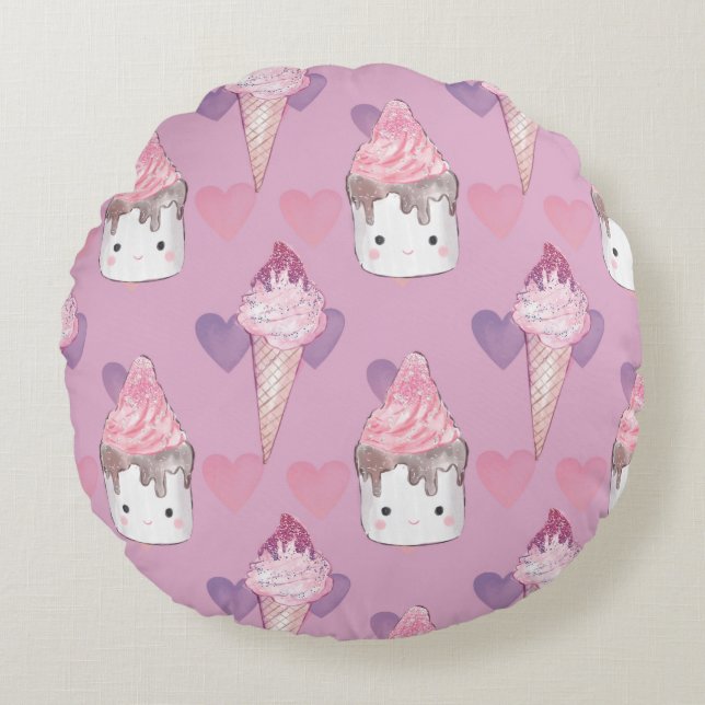 Kawaii Marshmallow & Ice Cream Pattern  Round Cushion (Front)