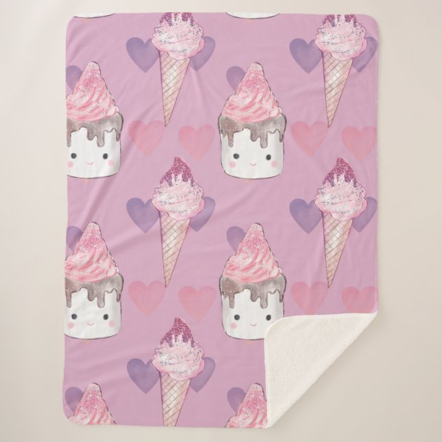 Kawaii Marshmallow & Ice Cream Pattern  Sherpa Blanket (Front)