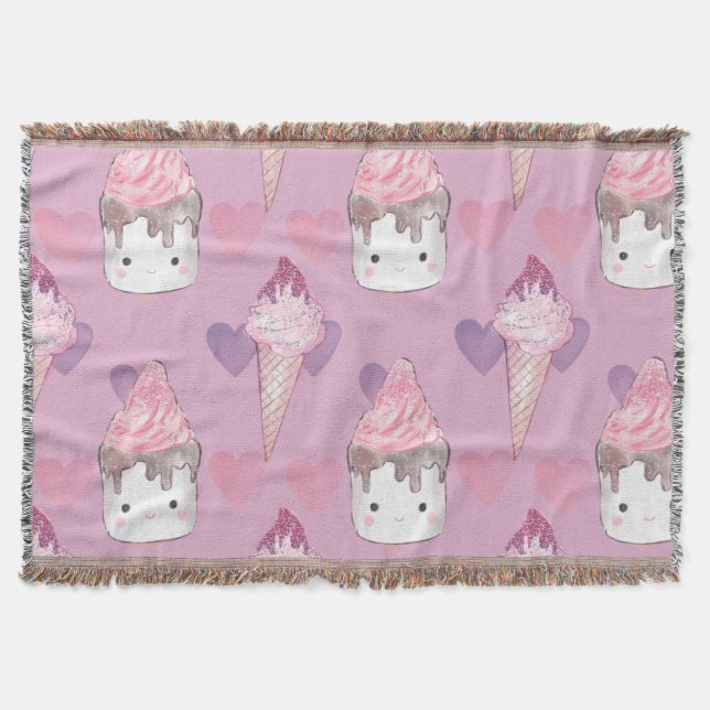 Kawaii Marshmallow & Ice Cream Pattern  Throw Blanket (Front)