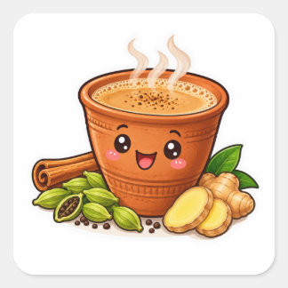 Kawaii Masala Chai Sticker, Cute Kulhad Tea Die-Cu Square Sticker