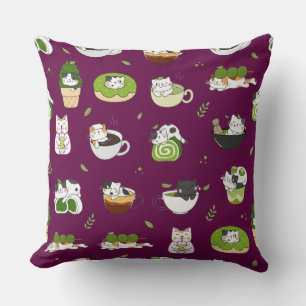 Kawaii Matcha Cat Seamless Pattern Cushion