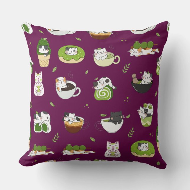 Kawaii Matcha Cat Seamless Pattern Cushion (Front)