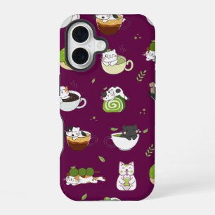 Kawaii Matcha Cat Seamless Pattern iPhone 16 Case