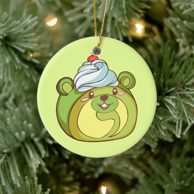 Kawaii Matcha Swiss Roll Bear  Cake Ceramic Ornament (Tree)