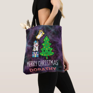 Kawaii Merry Christmas with Unicorn and Corgi Tote Bag