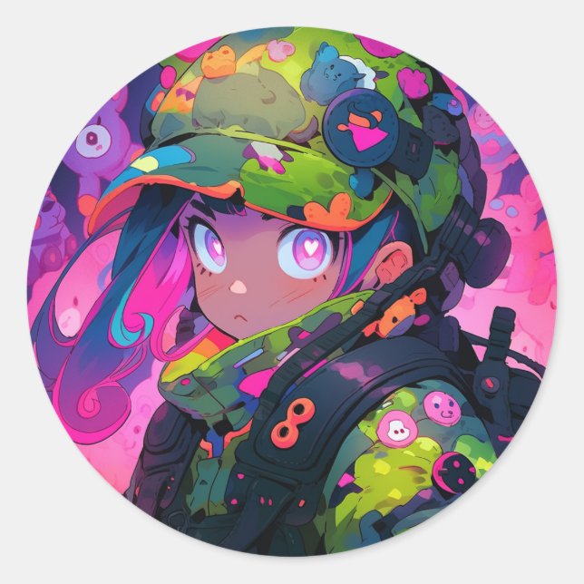Kawaii Military Hunter Camouflage Heart Eyes Anime Classic Round Sticker (Front)