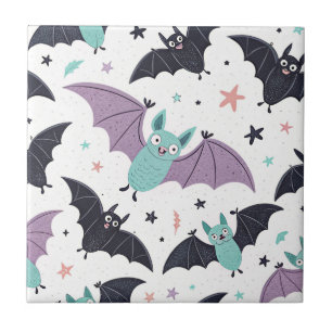 Kawaii Mint Bats with Lavender Wings and Stars Ceramic Tile